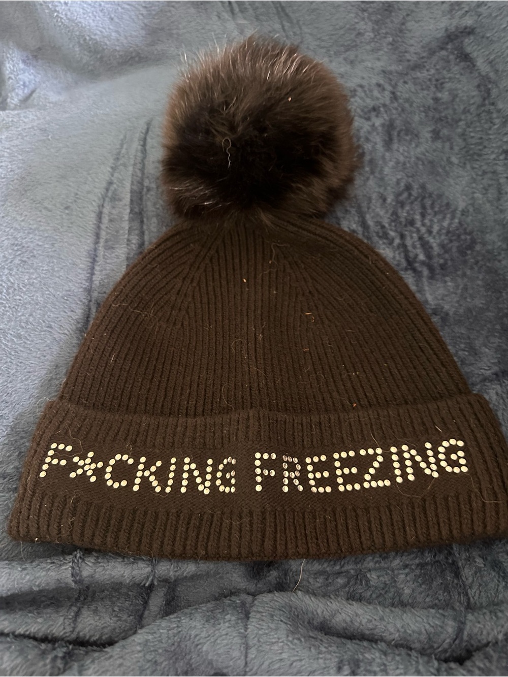 Sassy Pom Pom Beanie Hat - black 'F*ucking Freezing'